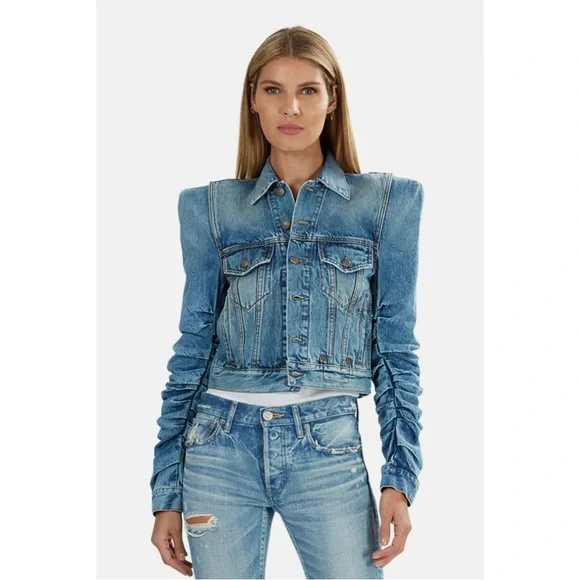 R13 Distressed Denim Jacket Structured Ruched Sleeve Jean Jacket | The Attico - Picture 2 of 13